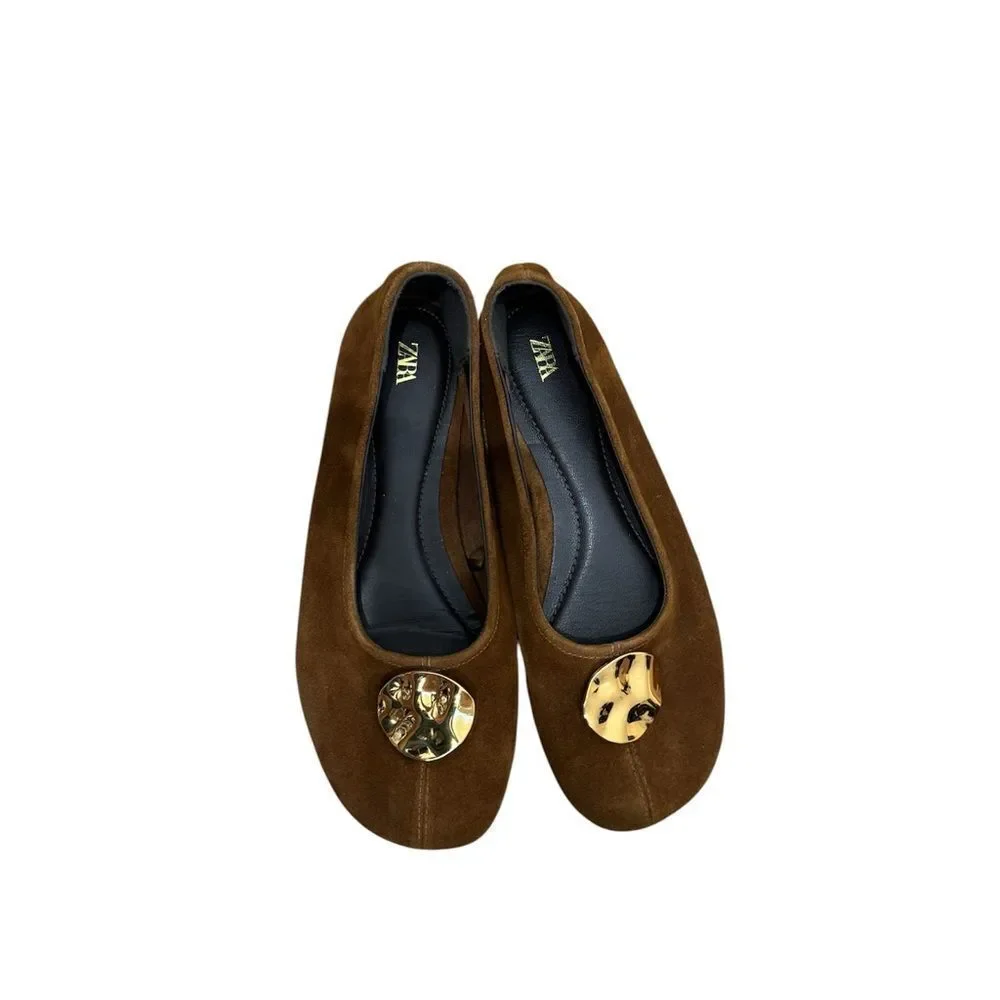 ZARA SUEDE gold buckle flats